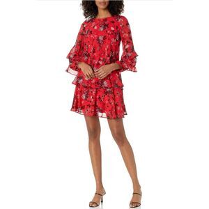 TAYLOR Bright Red Floral Sz 2 Long Sleeve Lined Chiffon Tiered Frilly Dress